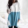 Women Tops Round Neck Long Sleeve Color Block Pullover Tops with Pockets Loose Fit Mid-length Shirt Daily Wear