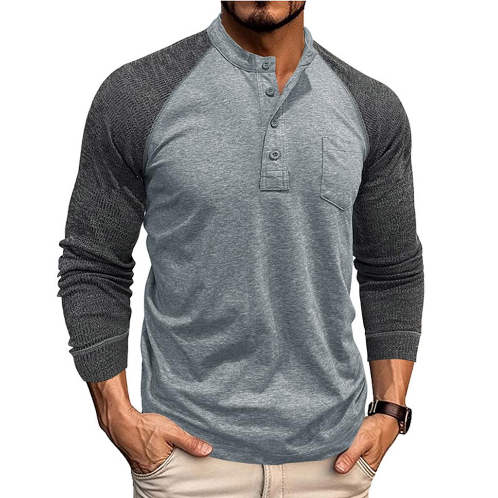 Men's Round Neck Ribbed Long Sleeved Bottoming Shirt Tough Guy Contrast Color Retro Button Men's T-shirt Top