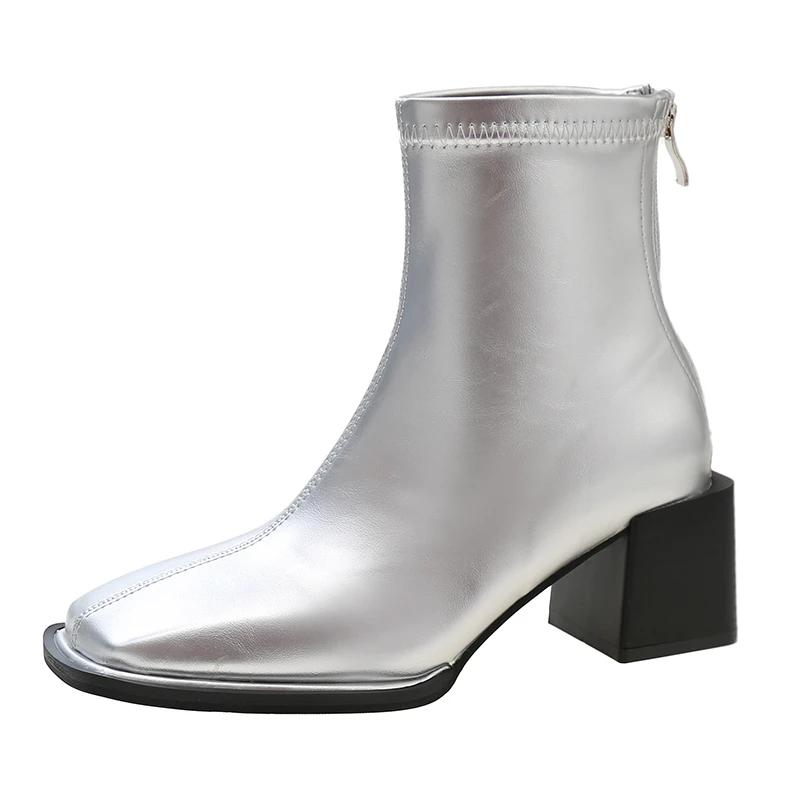 Мода 2024 года, новые осенние женские сапоги из тонкой эластичной кожи с низким бочонком, квадратная застежка-молния сзади, британская мода, короткие сапоги для женщин