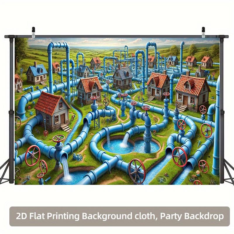 2D plane, industrial-style pipe maze background fabric - blue-green factory scene party decoration, polyester fiber