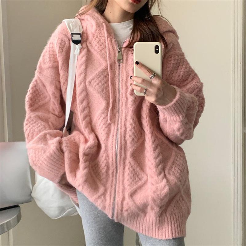 Ретро-твист однотонный свитер на молнии кардиган осень и зима свободный ленивый ветер с капюшоном вязаный кардиган куртка женская