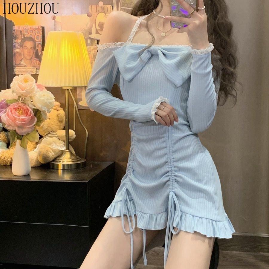 Платье без бретелек с бантом. Весеннее французское милое платье с висячим воротником и длинными рукавами на шнуровке «рыбий хвост».