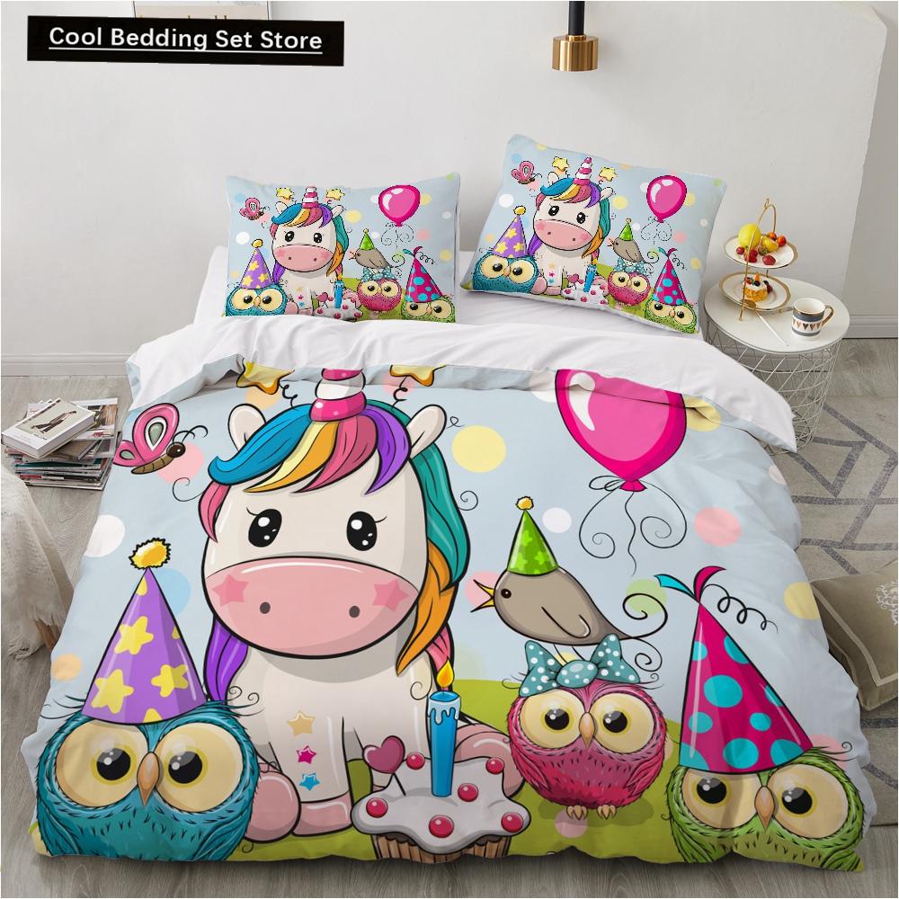 Детский детский розовый комплект постельного белья Queen King Cartoon Unicorn Белый пододеяльник Twin Полный цветной 2/3 шт полиэстеровый пододеяльник