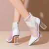 Fashion Summer Fashion Boots Women 2024 New Glitter Rhinestone Ladies Pointed Toe Chunky Heel Shoes Dress Party Female Mesh Sandals