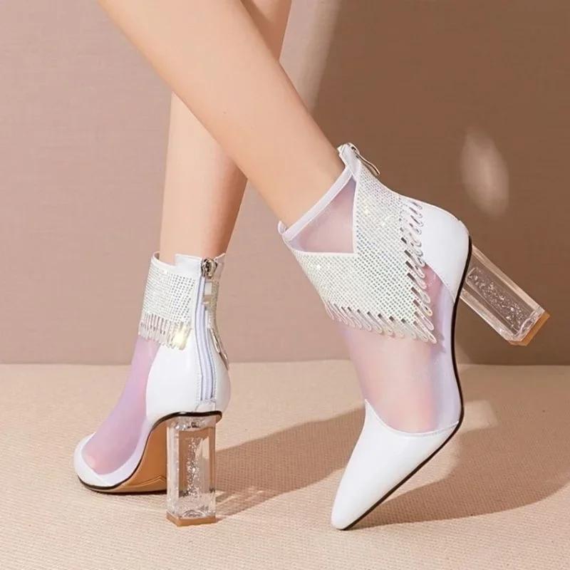 Fashion Summer Fashion Boots Women 2024 New Glitter Rhinestone Ladies Pointed Toe Chunky Heel Shoes Dress Party Female Mesh Sandals