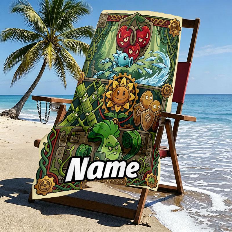 Custom Name Personalized Plants vs. Zombies Print Beach Towel, for Trip Camping Beach Party Home Decor, Birthday Gift for Family & Friends