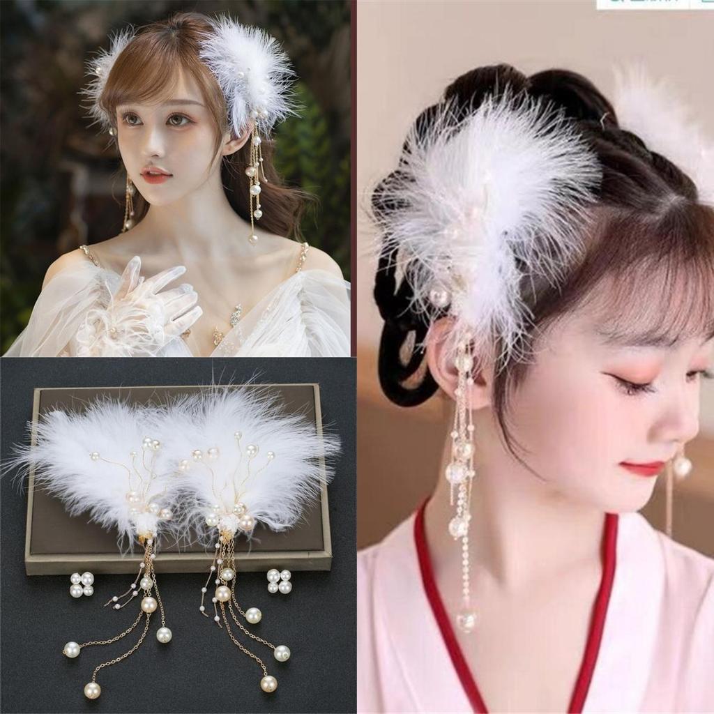 Заколка для волос «Перо феи» с жемчужной кисточкой для девочек, боковые зажимы, модные аксессуары для волос Hanfu для женщин