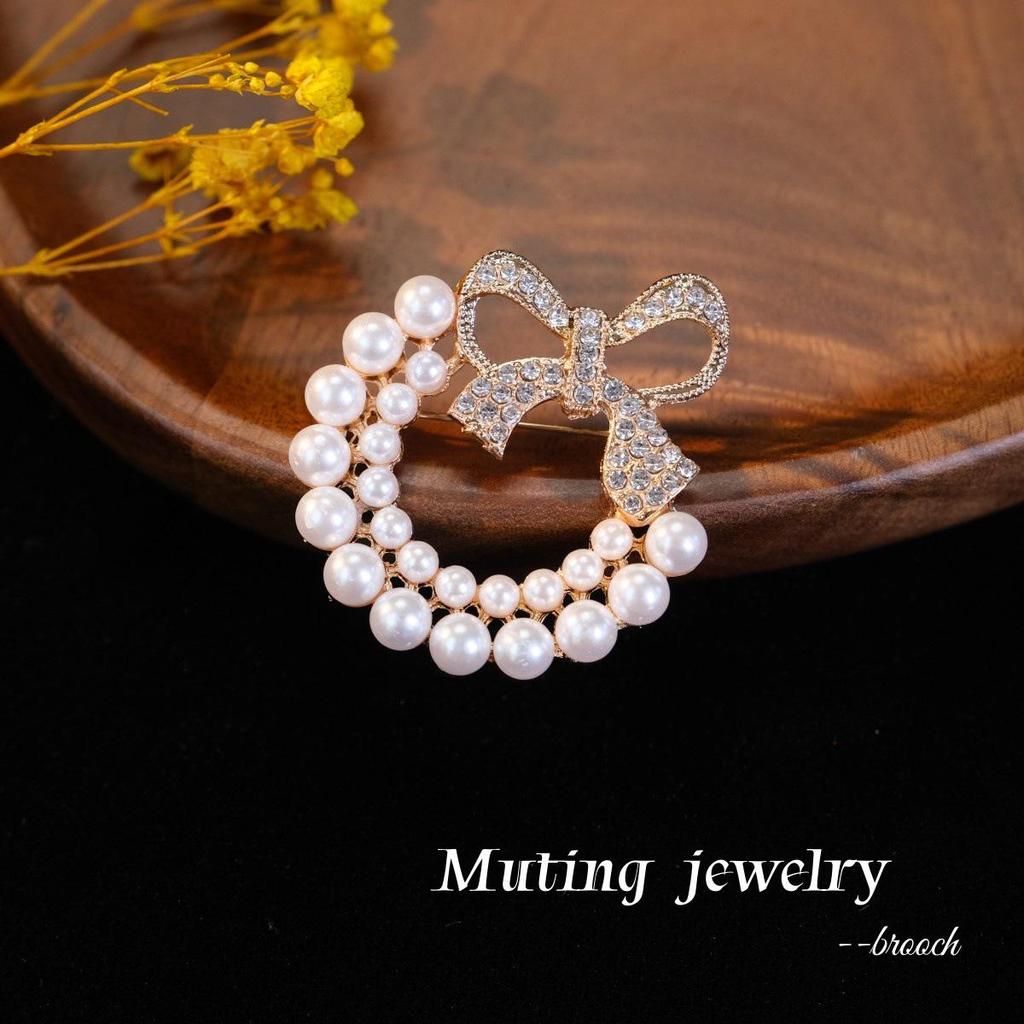 Vintage Pearl Bow Rhinestone Brooch Pin