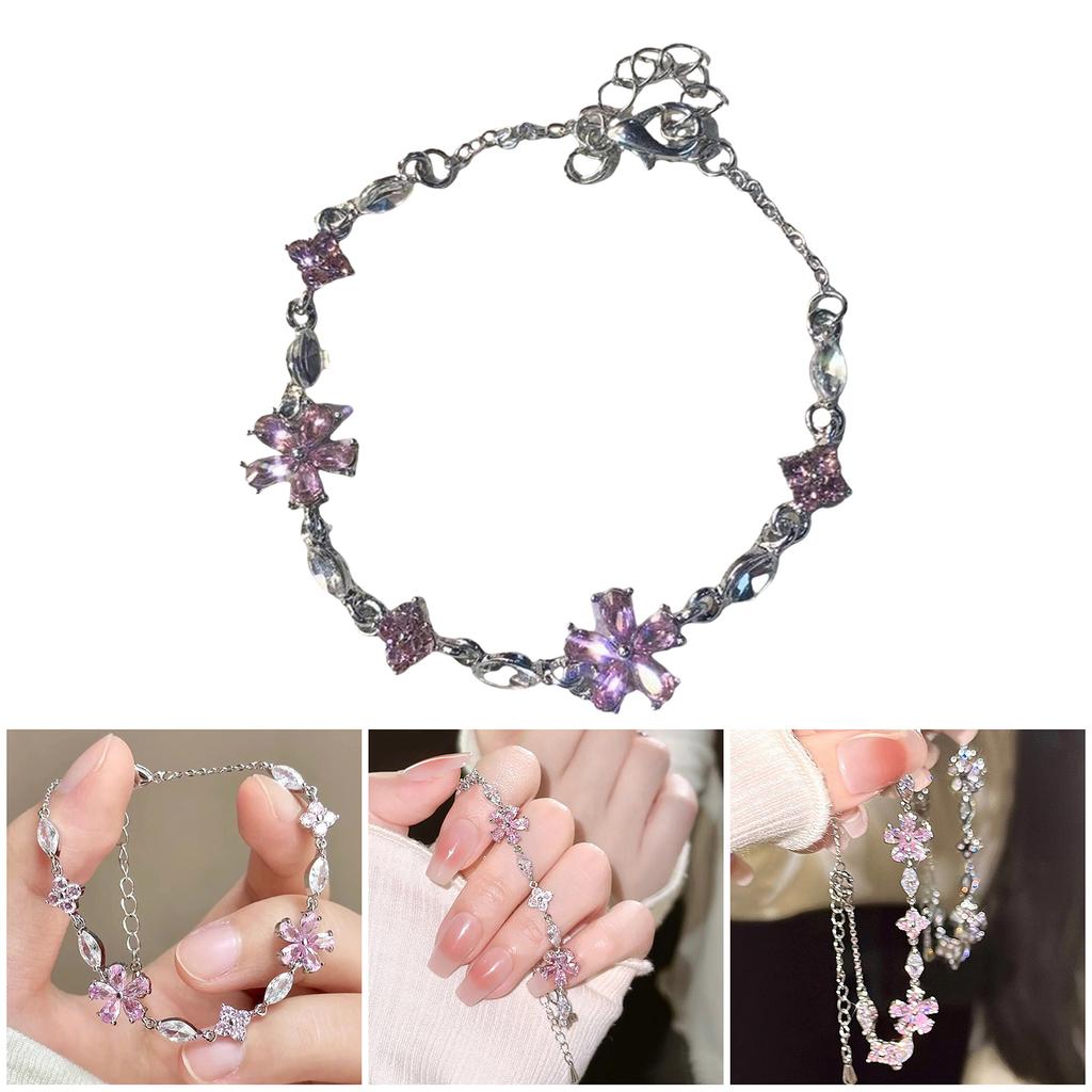 Elegant Pink Crystal Zircon Sakura Flower Bracelet Adornment for Women and Girls Cherry Blossom Jewelry Gift