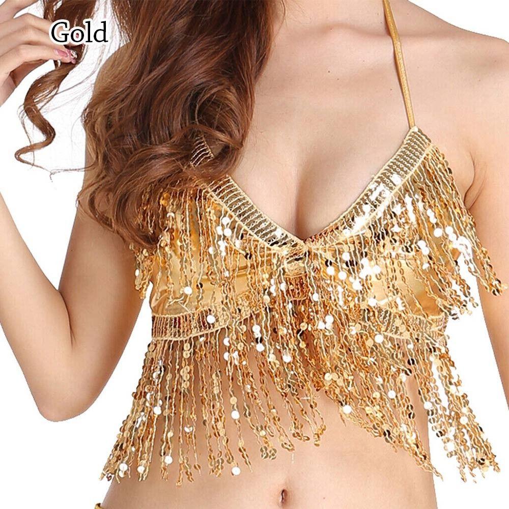 Stage Sequin Nightclub Tassel Performance Top Halter Bra Show Costumes Belly Dance Bra