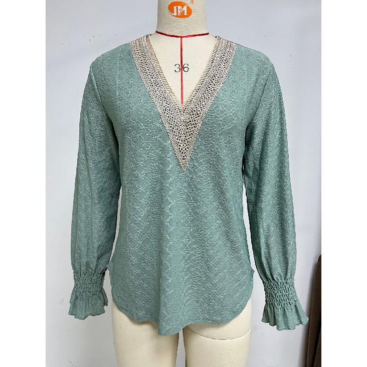 2024 Европейская и Американская Осень/Зима Новая Однотонная Кружевная Сращивающаяся V-образная Вырез Длинный Рукав Свободная Футболка Топ