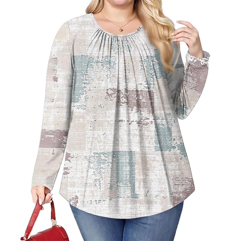 Women's Plus Size Fashion Printed Casual Pleated Round Neck Long Sleeve Top