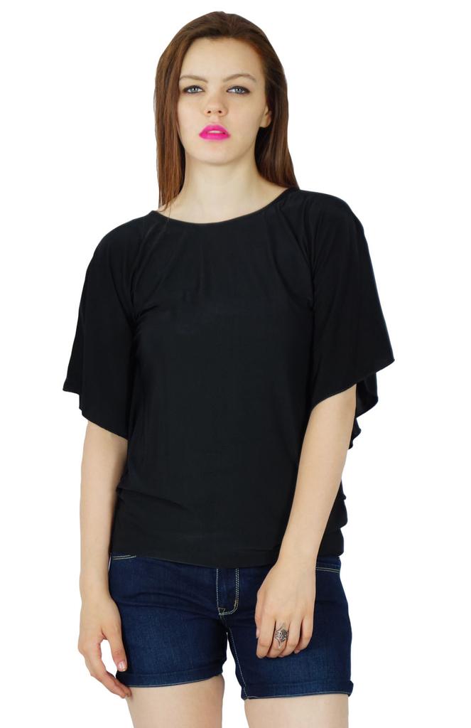 Bimba Женский черный кастомный топ из лайкры с рукавами кимоно и вырезом лодочкой, повседневная блузка