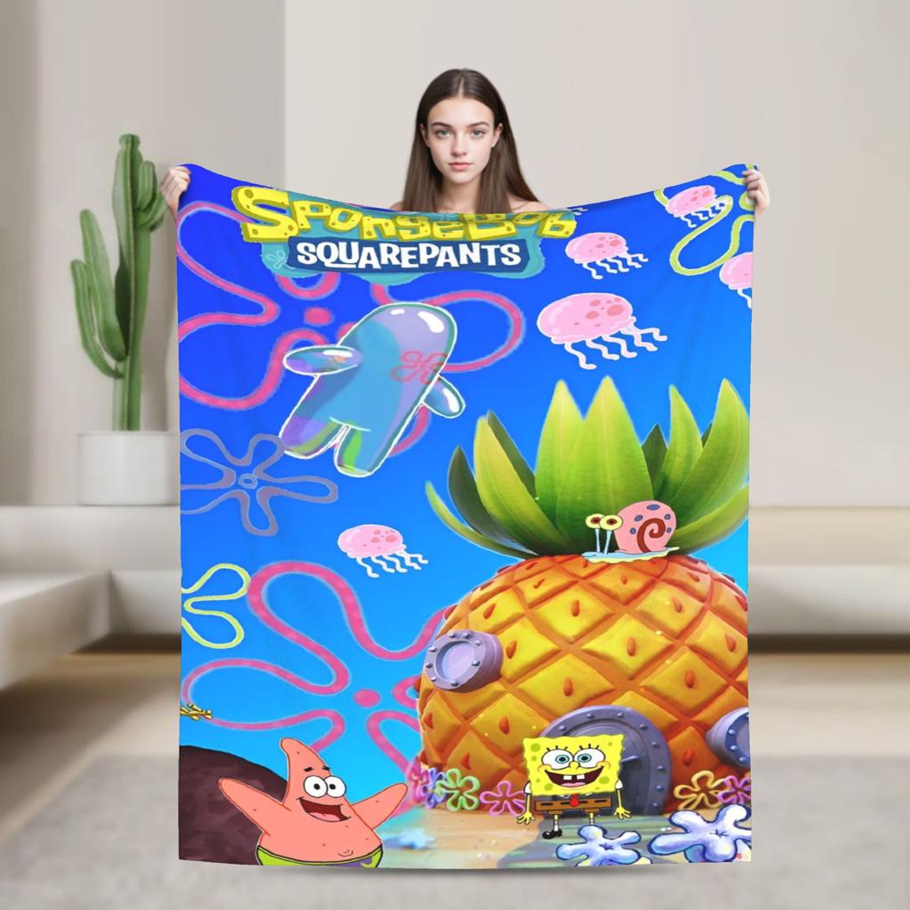 Cartoon Animated Blanket Cover SpongeBob SquarePants Fleece Throw Blankets Bedding Couch Portable Ultra-Soft Warm Bedspreads