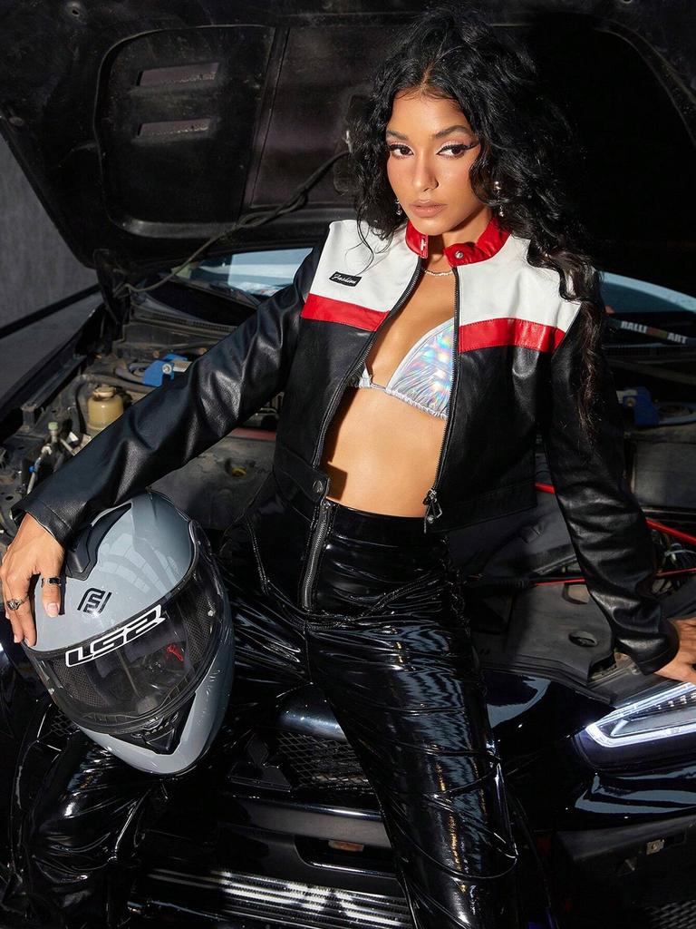 Rose Beauty A Bikercore Colorblock молния застежка укороченная искусственная кожа мотокуртка с заплатками