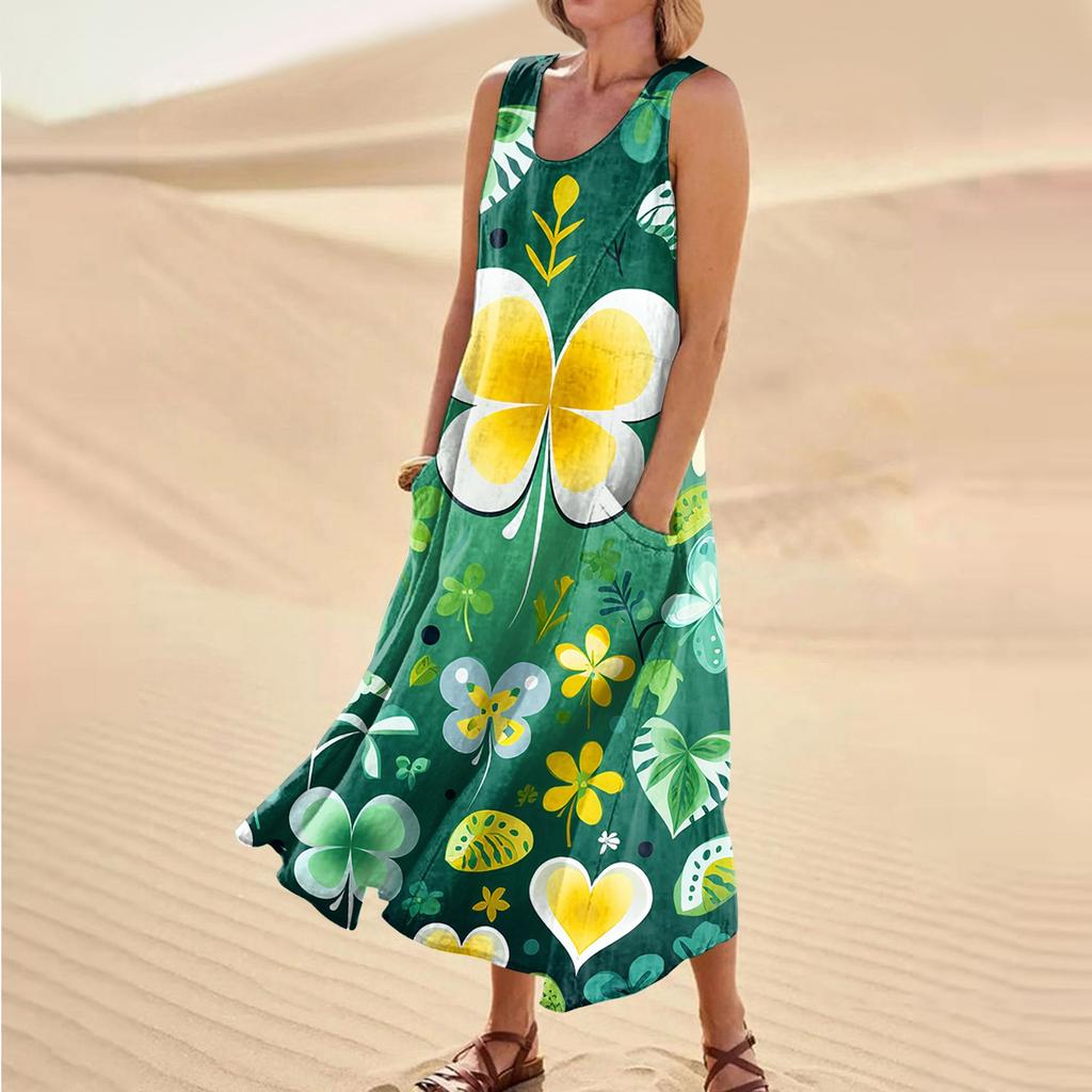 Women's Casual Comfort St. Patrick's Day Printed Sleeveless Pocket Dress