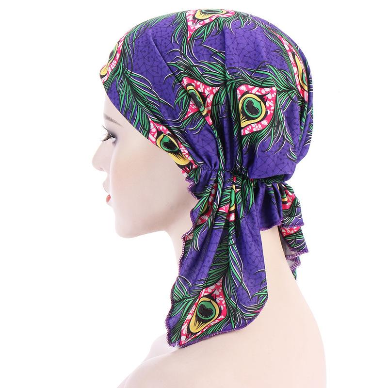 Woman Elastic Scarf Towel Hat Ladies Print Cashew Feather Cancer Chemotherapy Hat Bag Head Cap