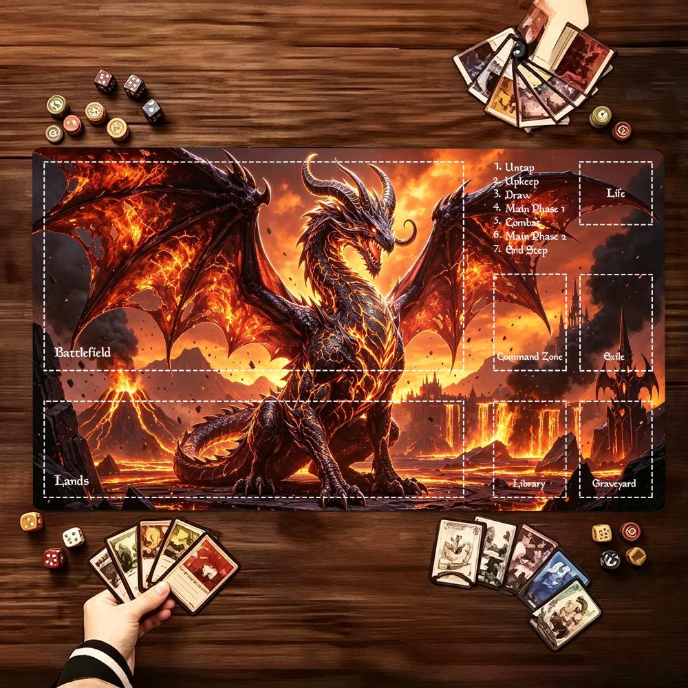 Blazing Inferno Fire Dragon Large Gaming Desk Mat Non-Slip Rubber Stitched Edges Playmat for Card Game PC Laptop Daily Gaming