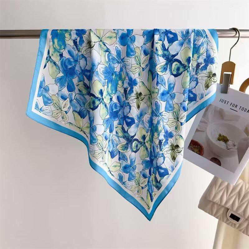 68cm Watercolor Four-leaf Flower Pattern Scarf Women's Spring and Summer New Imitation Silk Scarf Fashion Shawl Headscarf Scarfs