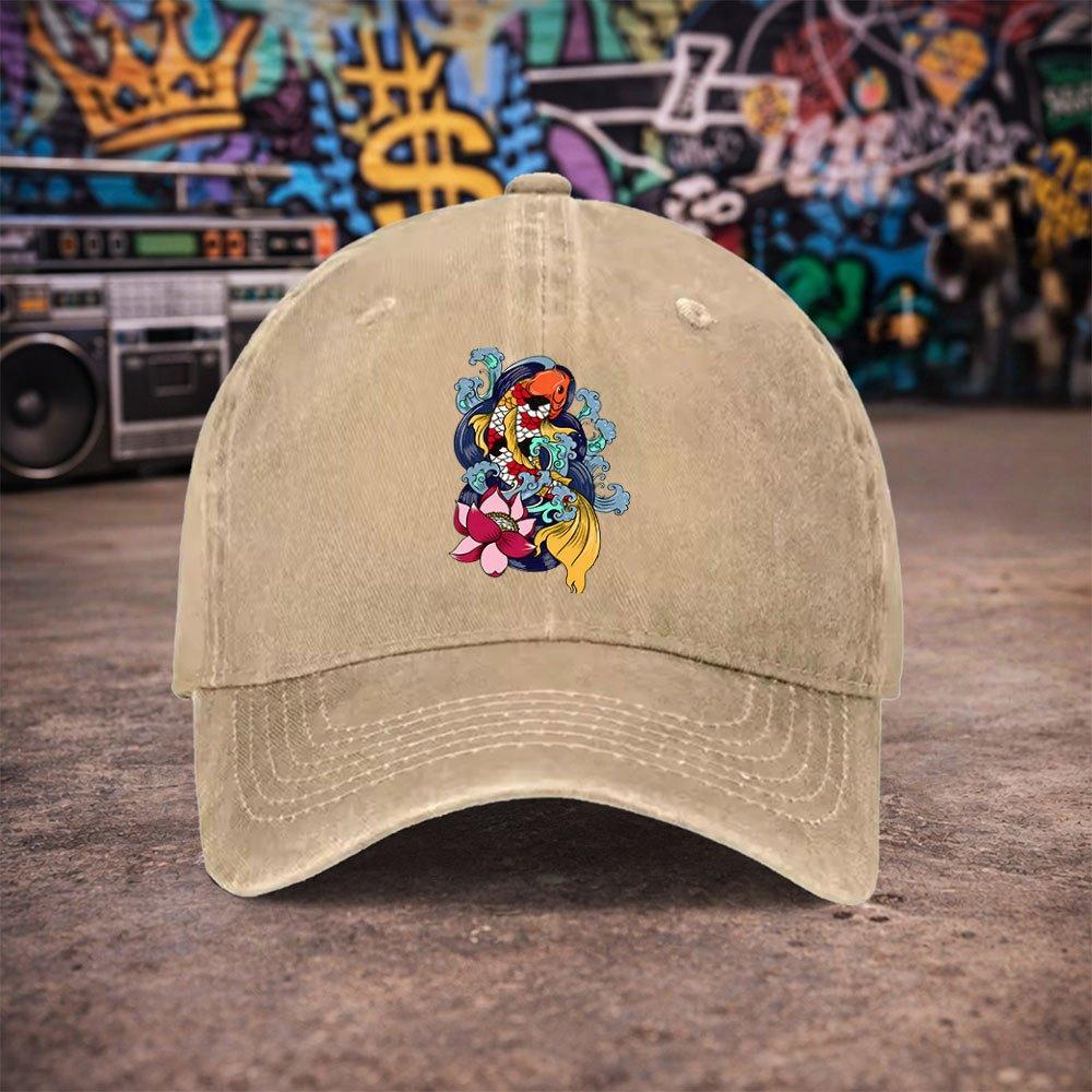 pc Unisex And Wind Koi Lotus Vintage Washed Baseball Cap UnisexS Trendy Hat Versatile Duckbill Cap Fun Print Unique Birth