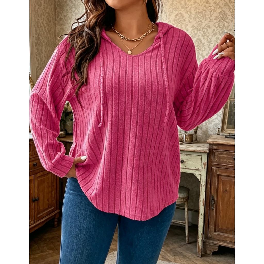 Solid Color Plus Size Women's Top V Neck Hooded Long Sleeve Ribbed Fleece T Shirt Loose Casual Wear