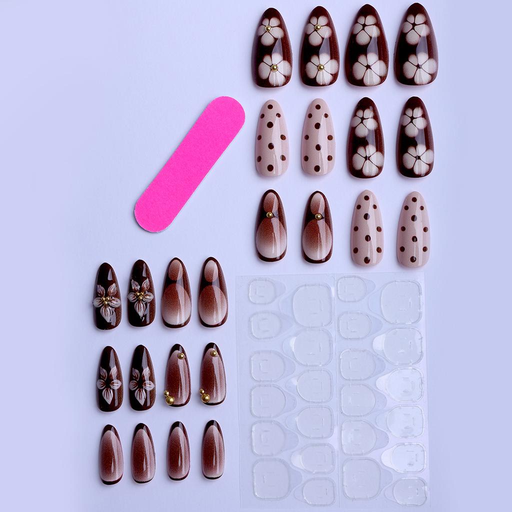 Almond-shaped French polka dot brown floral nail art press-on nails, 24 pieces