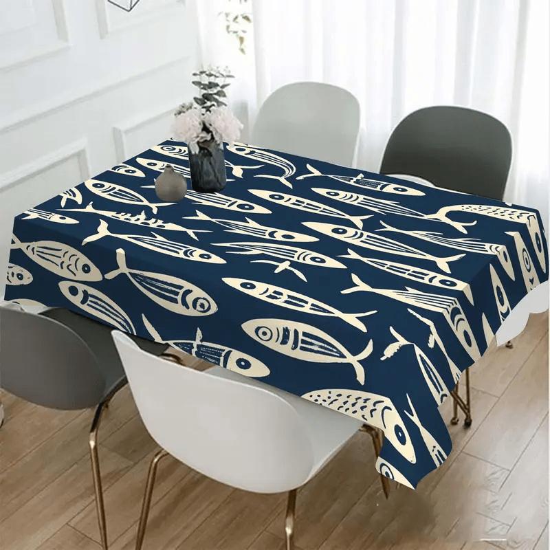 1pc Navy Blue and White Fish Pattern Tablecloth, 152.4*218.44 cm, Rectangle, Polyester, Easy to Clean, Suitable for Dining Room, Kitchen & Coffee Tabl