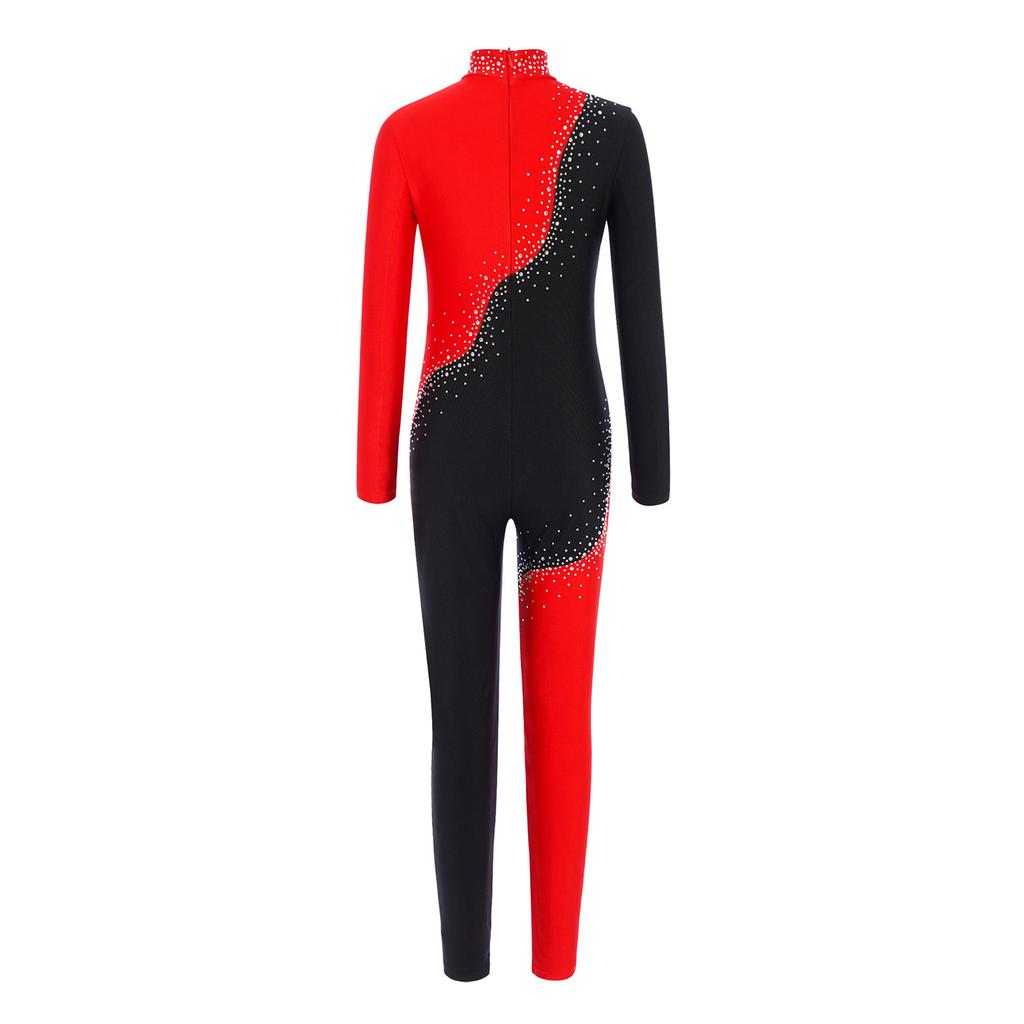Девочки Комбинезон на все тело Блестящие стразы Блок цвета Воротник-стойка Длинный рукав Одежда для гимнастики