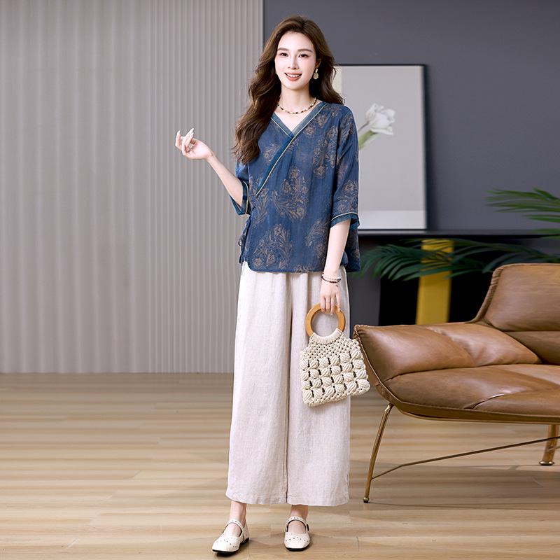 Женский летний костюм из рами 2025: Ретро костюм-двойка с широкими брюками и топом