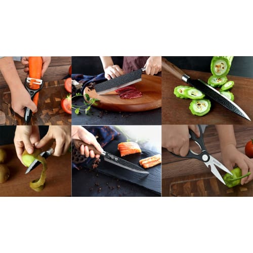 Utaki Stainless Steel Kitchen Knife Set: Santoku, Vegetable Knife, Sashimi Knife, Petty Knife, Scissors, and Peeler. A great value 6-piece set!