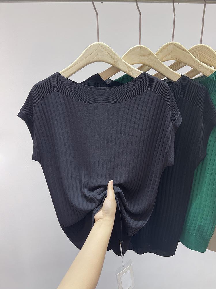 Women's Summer One-Shoulder Ice Silk Knitted Short-Sleeve Top with Vertical Stripes and Stand-Up Collar