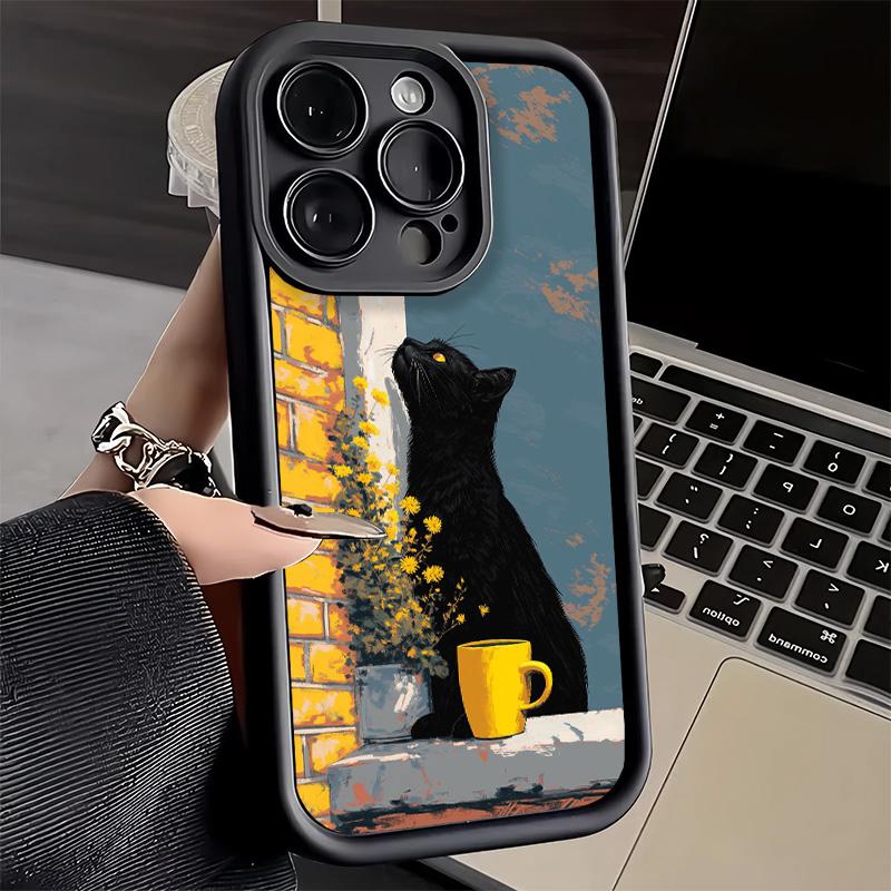Чехол для телефона iPhone 17 Air 16E 15 16 Pro Max Черный Кот Эстетичный Узор Чехол 14 Plus 13 12 Mini Мягкий Силиконовый Fundas