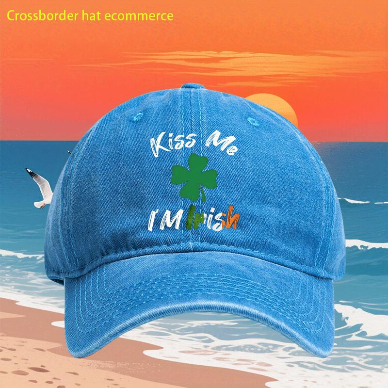 Kiss Me Im Irish Clover Washed Baseball Cap Vintage St Patricks Day Adjustable Unisex Hat