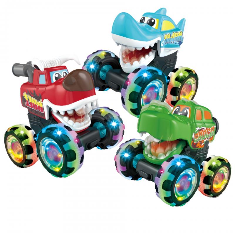 HX Press & Light Up Monster Truck Toy, Inertia Powered Off-Road Vehicle with Rolling Wheels Lights, Shark/Crocodile/Dinosaur/Bull King Model