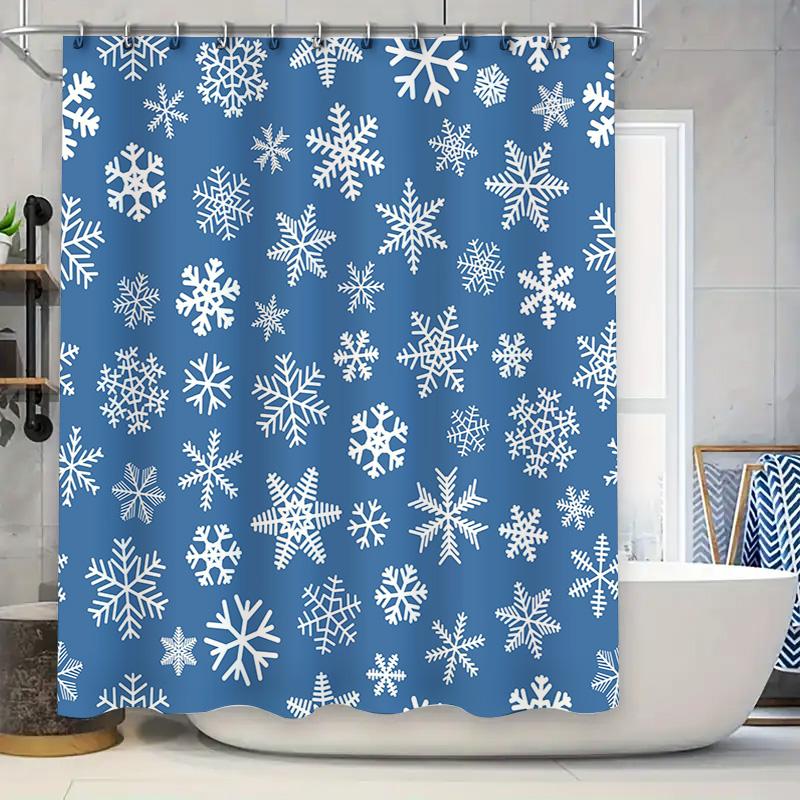 Blue White Snowflake Shower CurtainWaterproof, Non-Slip Bathtub Cover for Home Decor Washable Fabric with Hook Rings Set (89 X 7
