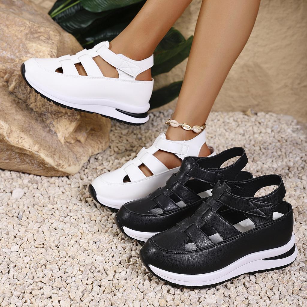 Large Size Hollow Sandals Wedge Heel Thick Sole Velcro Hollow Breathable Single Shoes Casual Women's Spot Cool Single Shoes