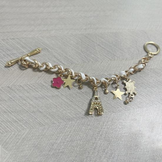 Women Fashion Eiffel Tower Stars Flower Poker Pendants Faux Leather Bracelet Jewelry