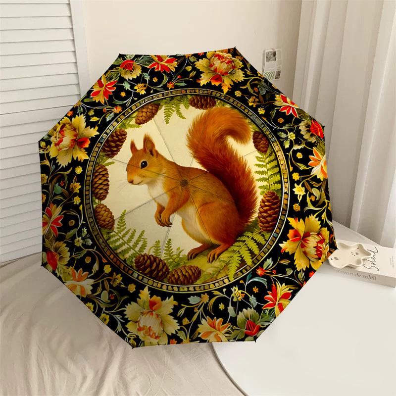 1PC squirrel flowers Umbrella-8-Rib Reinforced, Automatic Open, Lightweight & Durable, Cute Fashion Accessory for Outdoor, Beach or Casual Use, Beach