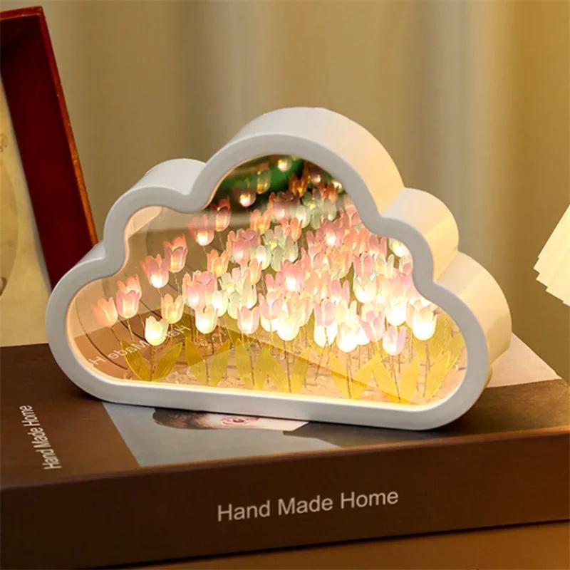 Handmade DIY Tulip Flower Sea Night Atmosphere Lamp Clouds Tulip Lamp LED Night Light Mirror Table Lamp Bedroom Decor Lights