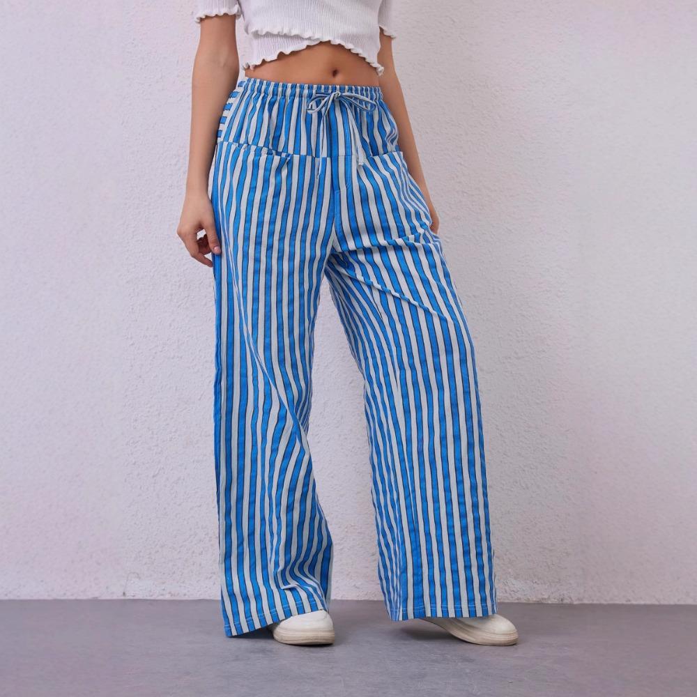 Women’s Drawstring Striped Wide-Leg Casual Trousers – Low-Waisted, Loose-Fitting Trousers