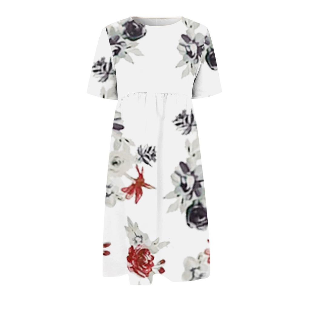 Women's Casual Dresses Printed Dresses Summer Dresses Printed Pleated Round Neck Midi Dresses Basic Classic Outdoor Daily Short Sleeve Loose Dresses