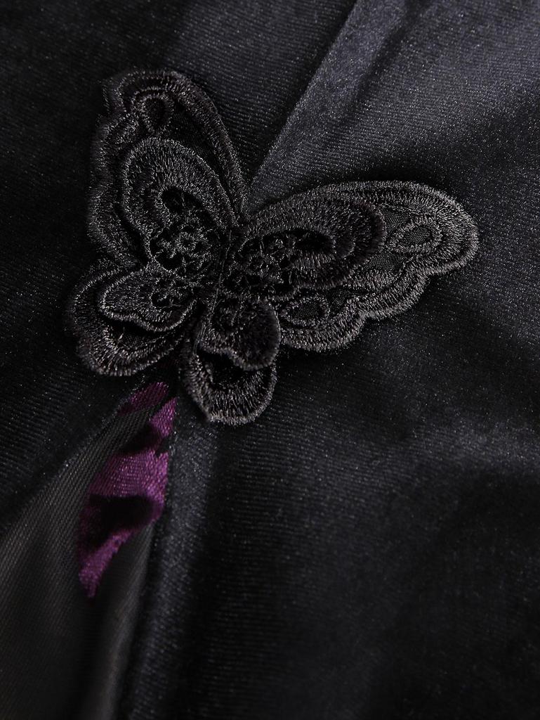 Розегаль Готические брюки-клеш с аппликацией в виде бабочки и цветочным флоком, бархатные лоскутные карманы без застежек