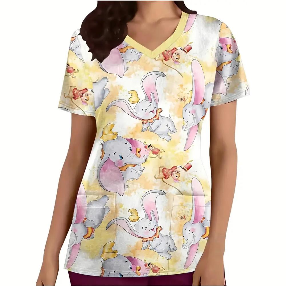 Women's Medical Uniforms Animal Cartoon Pattern Tee Fashion Patch Pocket Short Sleeve Tops Casual V-Neck Vet Nurse Uniform Woman
