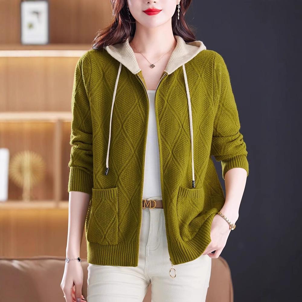Spring and Autumn Women's Cardigans Sweaters Zippered Tops Stylish Hooded Sweater Jackets