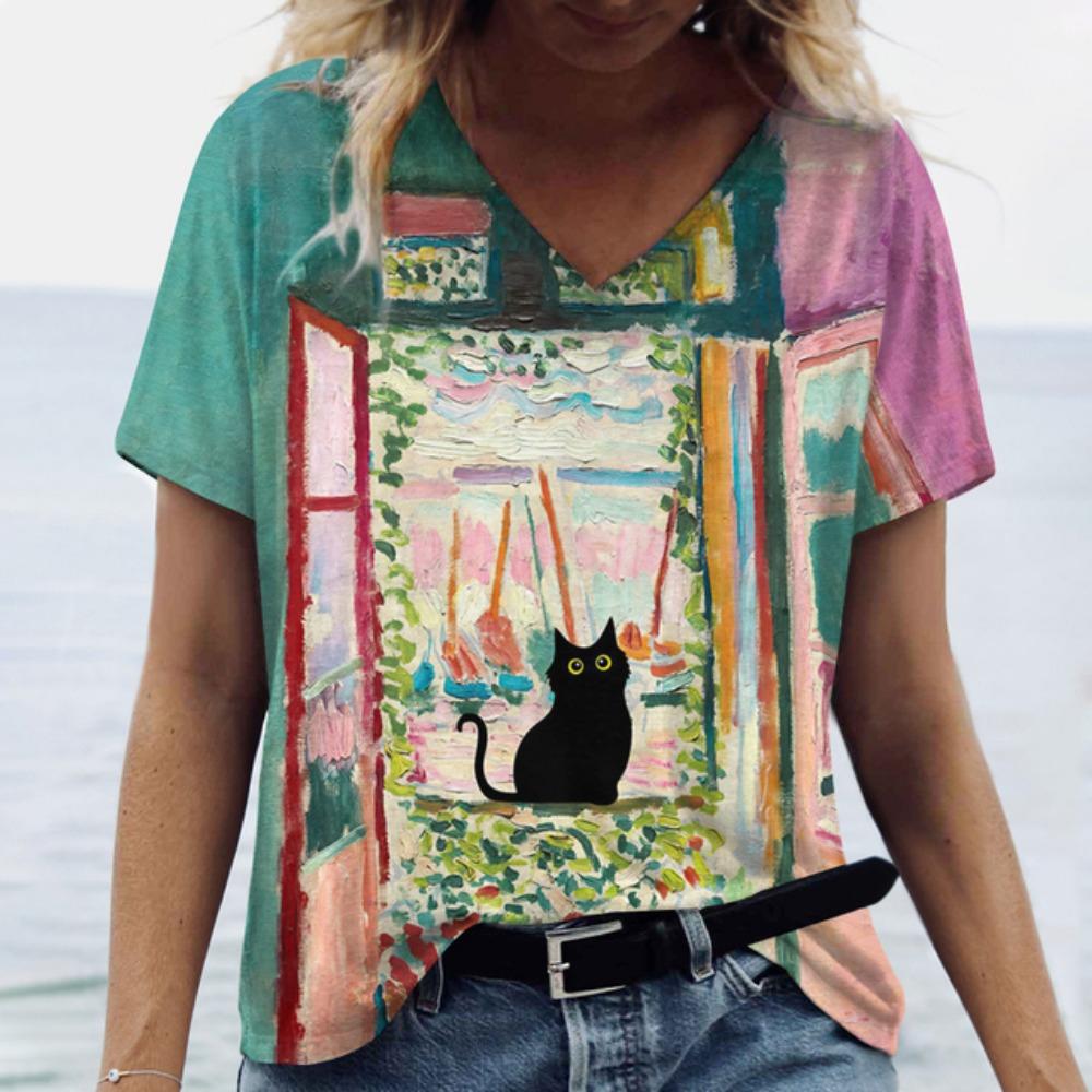Summer Cartoon Cat Women's T Shirts Vintage Short Sleeve Tops Girls V-Neck Tees Female Clothing Oversized Pullover