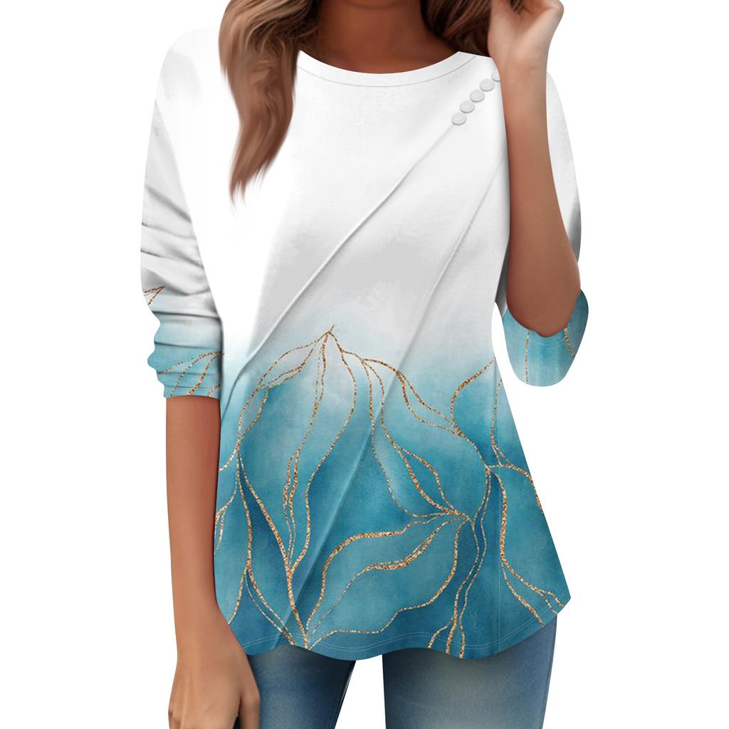 Women's Loose Casual Long Sleeve Top Round Neck Button Pull Stripe Prints T Shirt