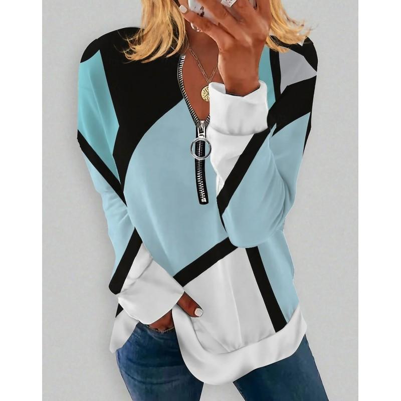 Womens V-Neck Half-Zip Long Sleeve Oversized Hoodie With Geometric Print Casual Comfort Fit 2025
