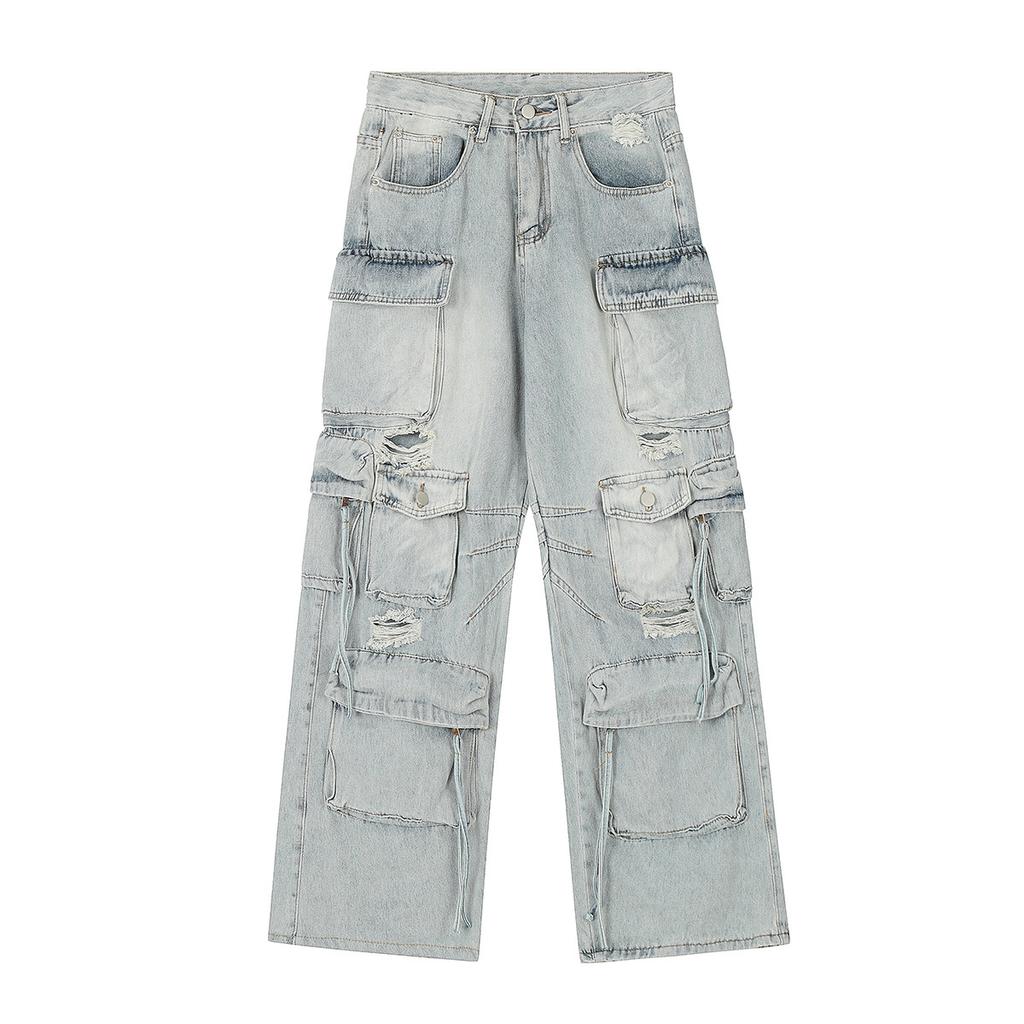Men's Autumn American RO Wind Heavy Wash Multi-Pocket Jeans Wide Leg Pants