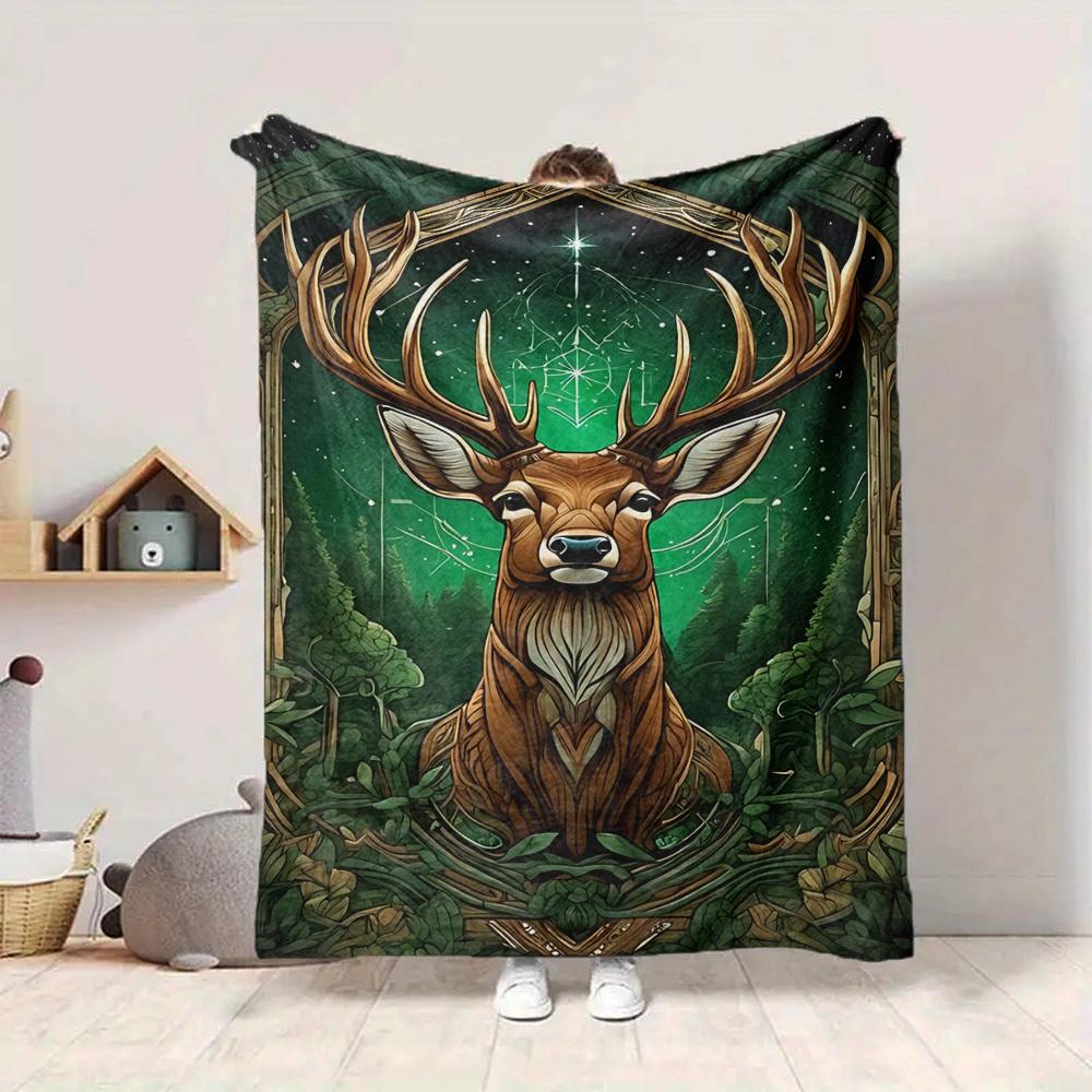 1 шт. Фланелевое одеяло с принтом мистического оленя [Уютное плед] Для дивана, кровати, путешествий, кемпинга, гостиной, офиса, дивана, кресла и кровати
