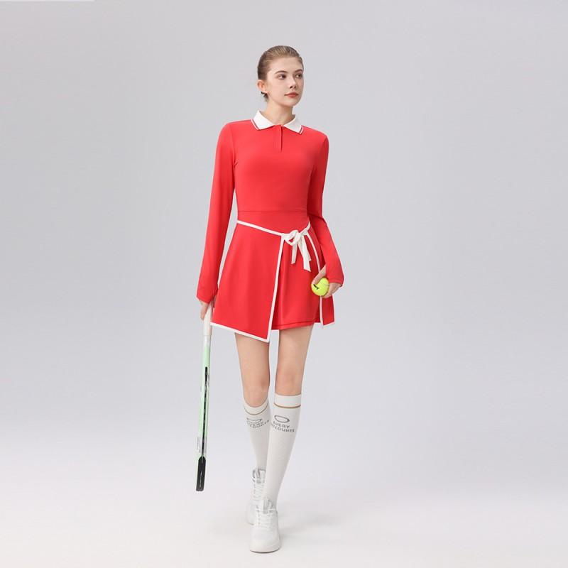 Womens Tennis Dress With Contrast Polo Collar High-Elastic Fit Built-in Shorts Breathable Knit Sport Set